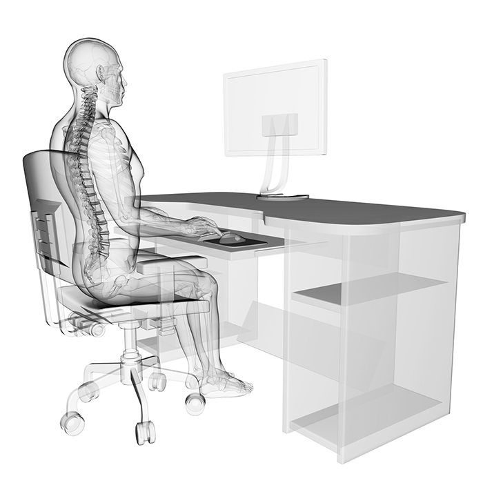 Spine with correct posture and computer workstation ergonomic setup 